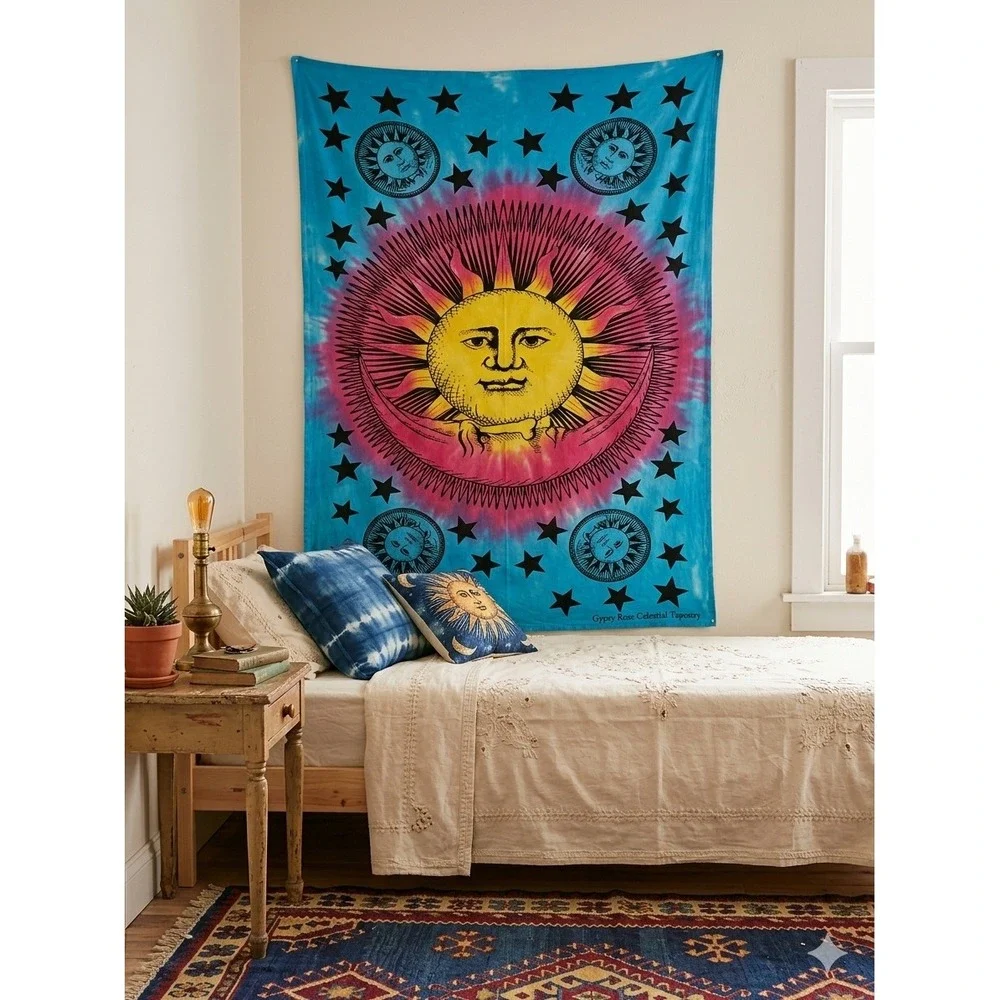 Gypsy Rose Celestial Sun Moon Stars Cotton Tie Dye Wall Hanging Hippie Festival